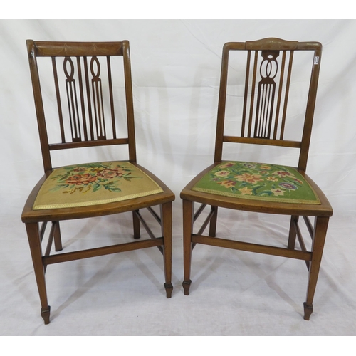 368 - Pair of Edwardian inlaid mahogany occasional chairs with railed backs, upholstered bowed seats, tape... 