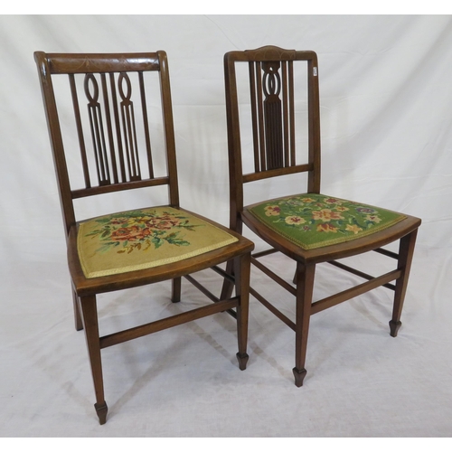 368 - Pair of Edwardian inlaid mahogany occasional chairs with railed backs, upholstered bowed seats, tape... 