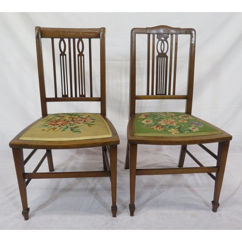 368 - Pair of Edwardian inlaid mahogany occasional chairs with railed backs, upholstered bowed seats, tape... 