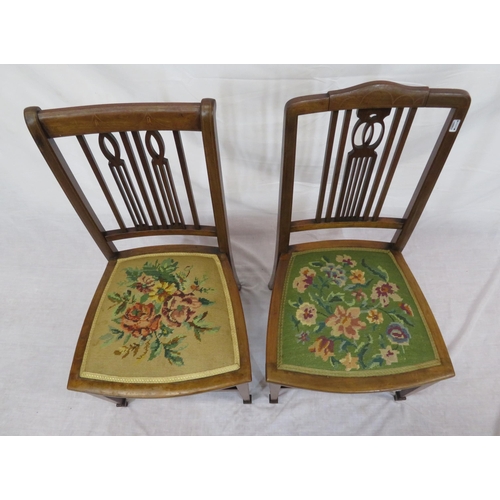 368 - Pair of Edwardian inlaid mahogany occasional chairs with railed backs, upholstered bowed seats, tape... 