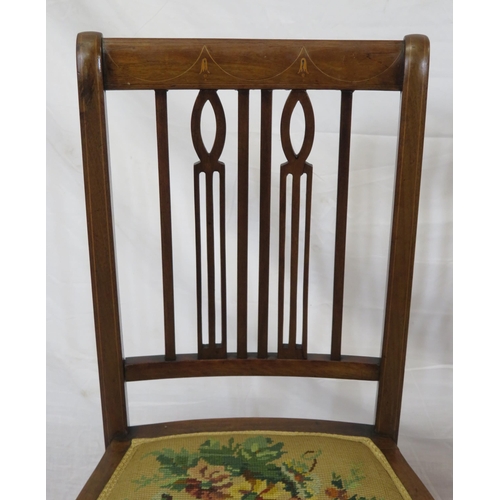 368 - Pair of Edwardian inlaid mahogany occasional chairs with railed backs, upholstered bowed seats, tape... 