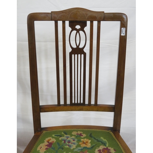 368 - Pair of Edwardian inlaid mahogany occasional chairs with railed backs, upholstered bowed seats, tape... 