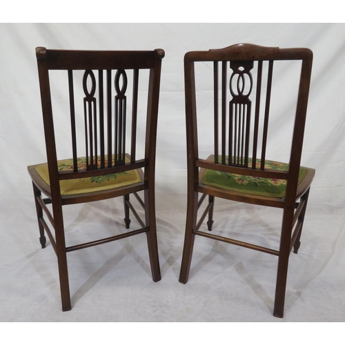 368 - Pair of Edwardian inlaid mahogany occasional chairs with railed backs, upholstered bowed seats, tape... 