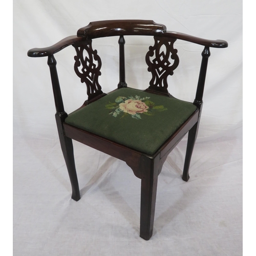 369 - Victorian mahogany open corner armchair with pierces splats, shaped arms, foliate upholstered seat, ... 