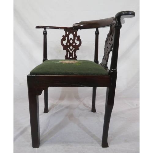 369 - Victorian mahogany open corner armchair with pierces splats, shaped arms, foliate upholstered seat, ... 