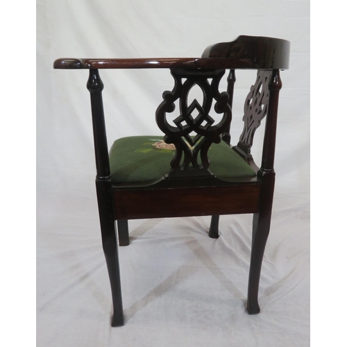 369 - Victorian mahogany open corner armchair with pierces splats, shaped arms, foliate upholstered seat, ... 