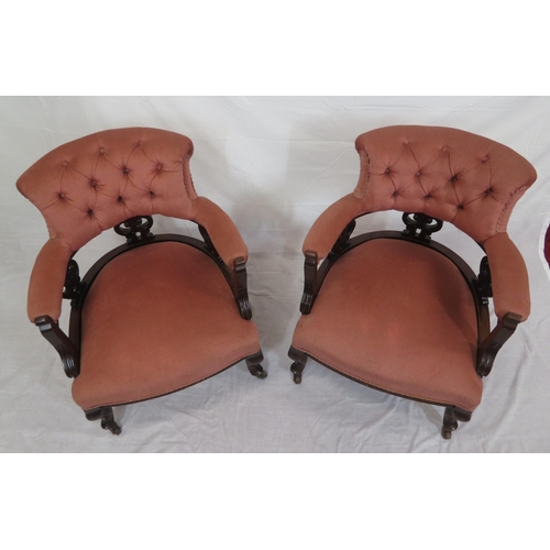 377 - Pair of Victorian upholstered tub chairs with buttoned backs, pierced splats, on cabriole legs