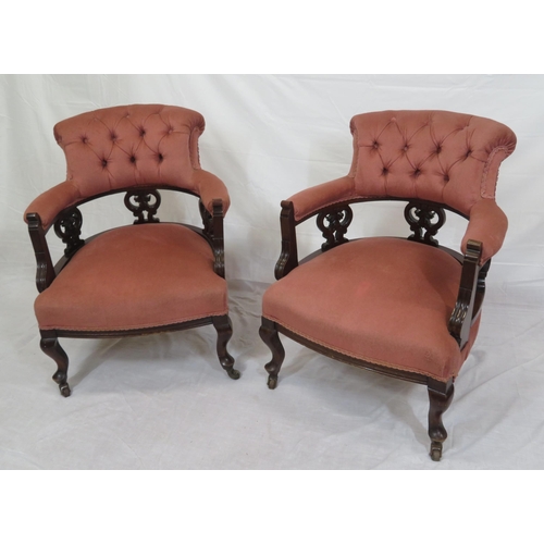 377 - Pair of Victorian upholstered tub chairs with buttoned backs, pierced splats, on cabriole legs