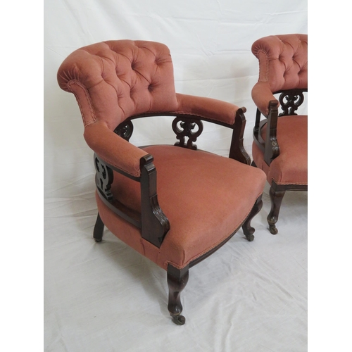 377 - Pair of Victorian upholstered tub chairs with buttoned backs, pierced splats, on cabriole legs