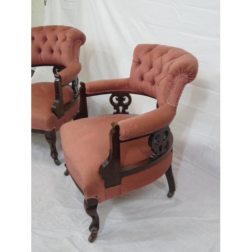 377 - Pair of Victorian upholstered tub chairs with buttoned backs, pierced splats, on cabriole legs