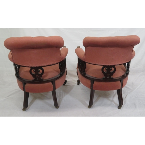 377 - Pair of Victorian upholstered tub chairs with buttoned backs, pierced splats, on cabriole legs