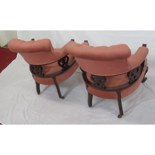 377 - Pair of Victorian upholstered tub chairs with buttoned backs, pierced splats, on cabriole legs