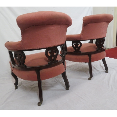 377 - Pair of Victorian upholstered tub chairs with buttoned backs, pierced splats, on cabriole legs