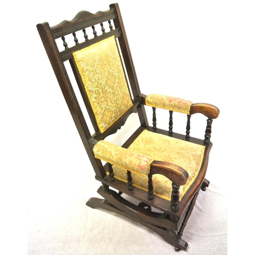 380 - Victorian style rocking armchair with turned rails, floral upholstery, on shaped base