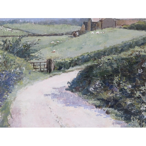 77 - Margaret Brown 'Country lane' oil on board, 23x28cm initialled