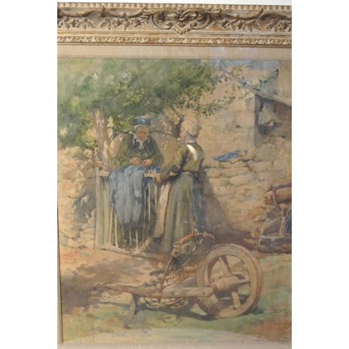 90 - Harry Scully RHA (1863–1935)
'Mending Clothes, Brittany'
Watercolour on paper 65x54cm, 
Signed and d... 