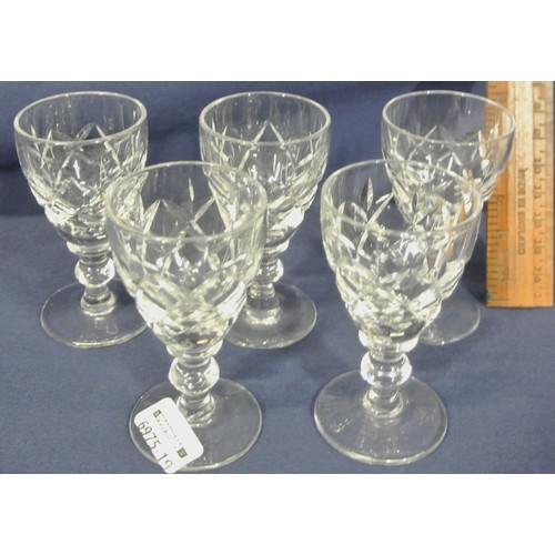 340 - Set of 5 Waterford Crystal cut glass liqueur glasses with diamond decoration