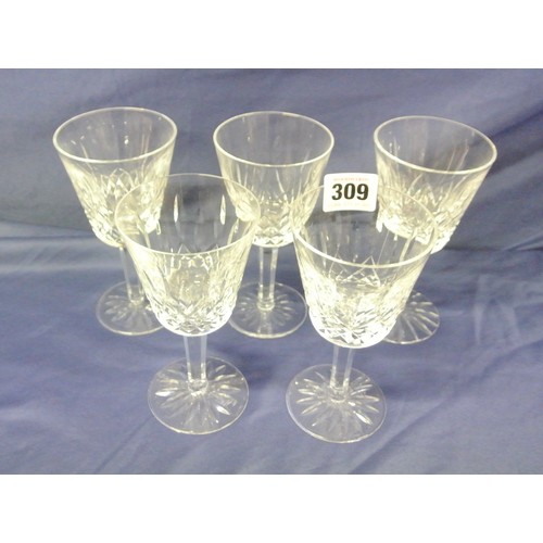 309 - Set of 5 Waterford Crystal cut glass stemmed wine glasses with diamond decoration