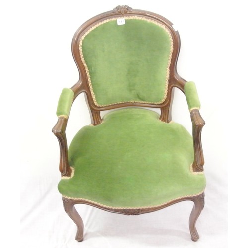 372 - French style mahogany open armchair with foliate carving, upholstered serpentine seat and shaped arm... 