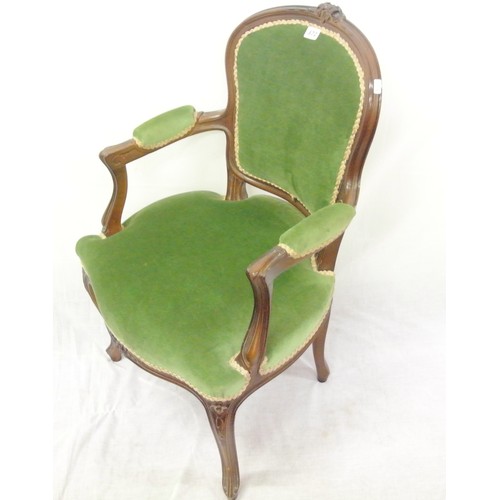 372 - French style mahogany open armchair with foliate carving, upholstered serpentine seat and shaped arm... 