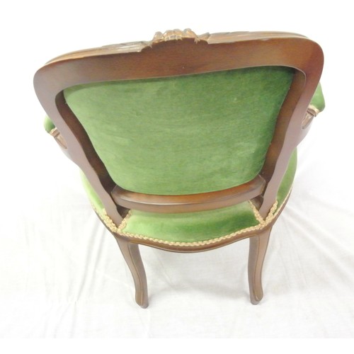 372 - French style mahogany open armchair with foliate carving, upholstered serpentine seat and shaped arm... 