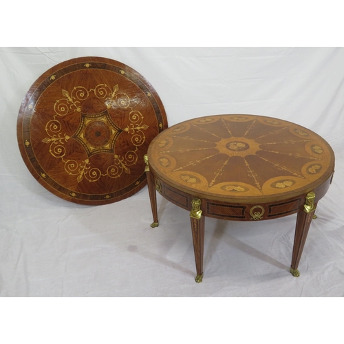 94 - Edwardian style inlaid and crossbanded round occasional or centre table with figured mounts, taperin... 