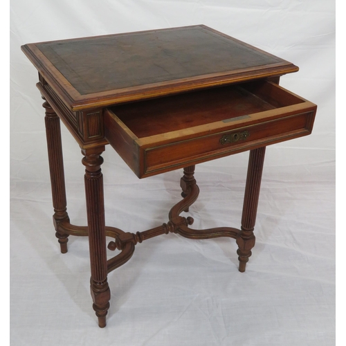 120 - Victorian mahogany hall or side table with leatherette inset, frieze drawer, on reeded turned legs w... 