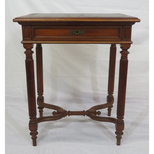 120 - Victorian mahogany hall or side table with leatherette inset, frieze drawer, on reeded turned legs w... 