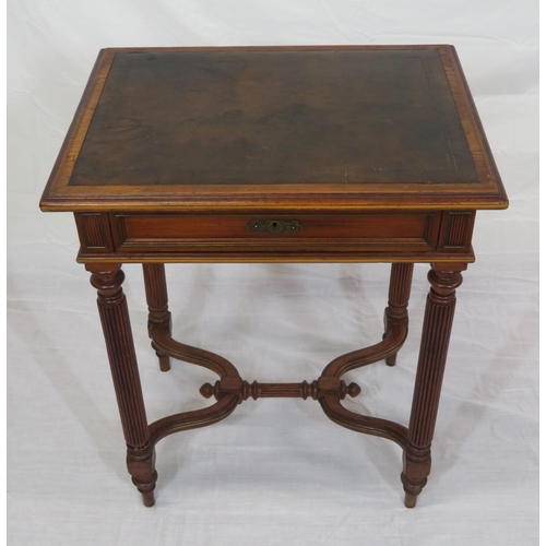 120 - Victorian mahogany hall or side table with leatherette inset, frieze drawer, on reeded turned legs w... 