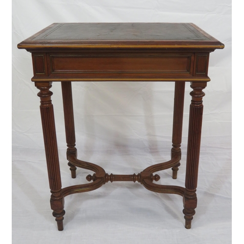 120 - Victorian mahogany hall or side table with leatherette inset, frieze drawer, on reeded turned legs w... 