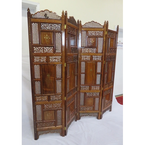 141 - Oriental 4-fold teak screen with ornate pierced foliate decoration and string and floral inlay