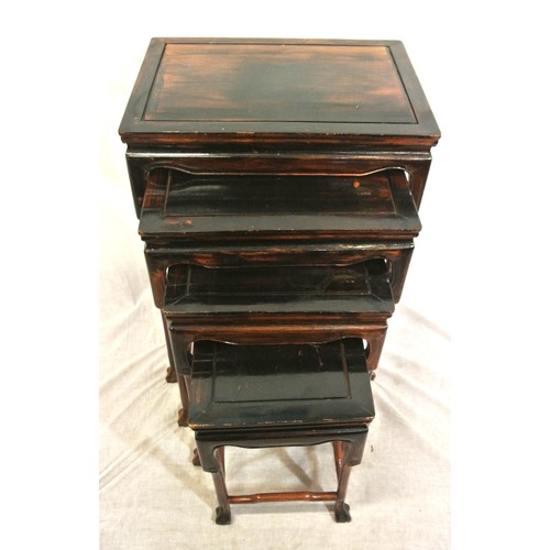 176 - Oriental style mahogany nest of 4 tables of graduating sizes, shaped legs with stretchers