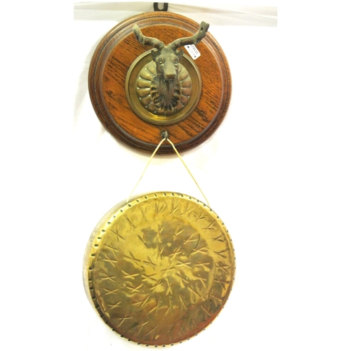 182 - Brass gong with stags head shaped backplate