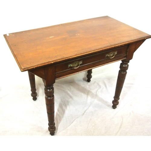 236 - Edwardian style mahogany hall or side table with frieze drawer, drop handles, on turned tapering leg... 