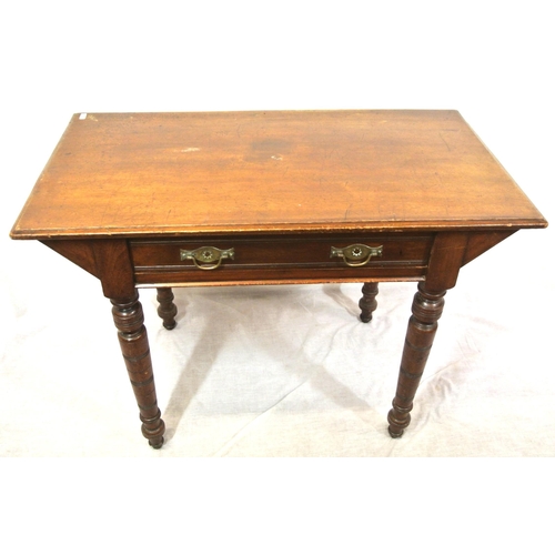 236 - Edwardian style mahogany hall or side table with frieze drawer, drop handles, on turned tapering leg... 