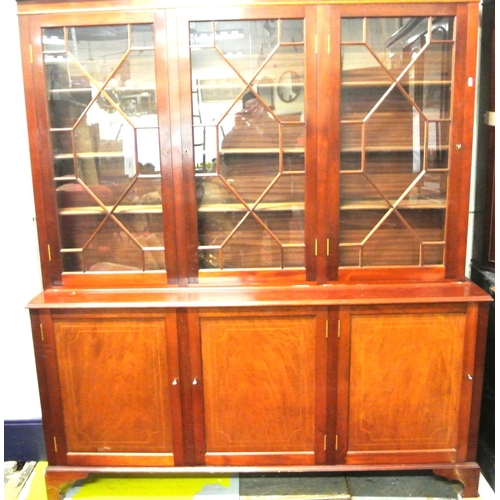 245 - Edwardian design inlaid mahogany triple bookcase with astragal glazed doors, shelved interior, shelv... 