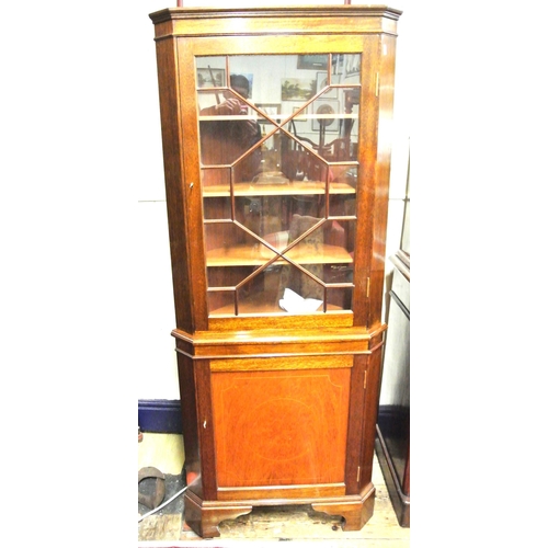 250 - Edwardian style mahogany corner display cabinet with glazed door, shelved interior, shelved press un... 