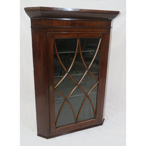 248 - Edwardian mahogany corner wall display cabinet with angled top, glazed door, with shelved interior