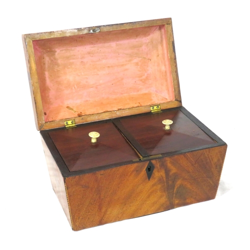 128 - Edwardian walnut tea caddy with sarcophagus shaped inlaid top, fitted interior & escutcheon