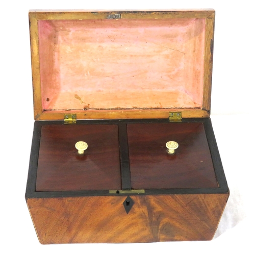 128 - Edwardian walnut tea caddy with sarcophagus shaped inlaid top, fitted interior & escutcheon