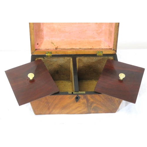 128 - Edwardian walnut tea caddy with sarcophagus shaped inlaid top, fitted interior & escutcheon