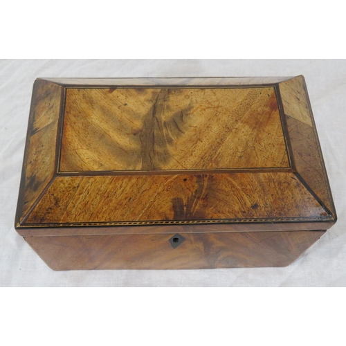 128 - Edwardian walnut tea caddy with sarcophagus shaped inlaid top, fitted interior & escutcheon