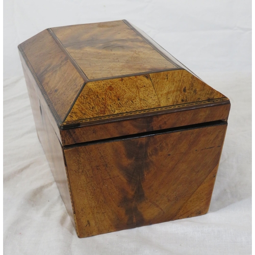 128 - Edwardian walnut tea caddy with sarcophagus shaped inlaid top, fitted interior & escutcheon