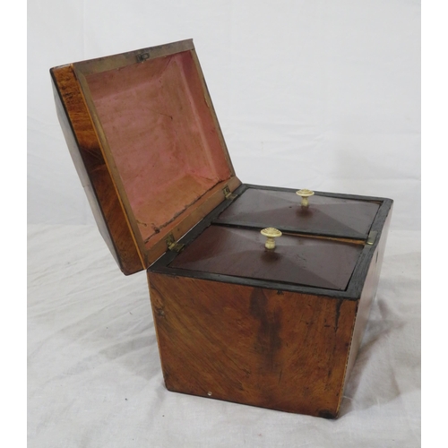 128 - Edwardian walnut tea caddy with sarcophagus shaped inlaid top, fitted interior & escutcheon