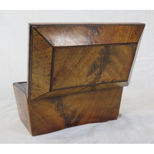 128 - Edwardian walnut tea caddy with sarcophagus shaped inlaid top, fitted interior & escutcheon