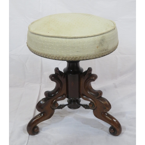 129 - Victorian mahogany round stool with upholstered top, ornate scroll decoration & cabriole legs