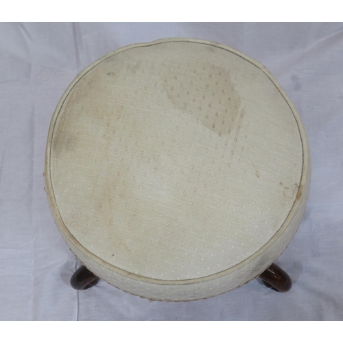 129 - Victorian mahogany round stool with upholstered top, ornate scroll decoration & cabriole legs