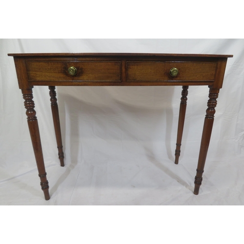 150 - Victorian mahogany bow fronted hall or side table with frieze drawers, brass handles, on turned legs