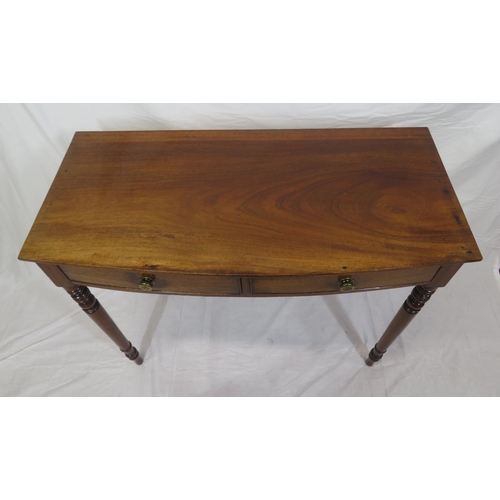 150 - Victorian mahogany bow fronted hall or side table with frieze drawers, brass handles, on turned legs