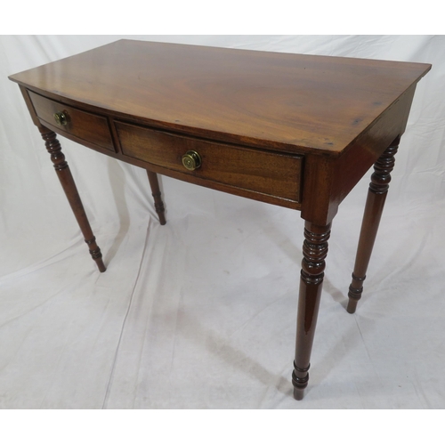 150 - Victorian mahogany bow fronted hall or side table with frieze drawers, brass handles, on turned legs